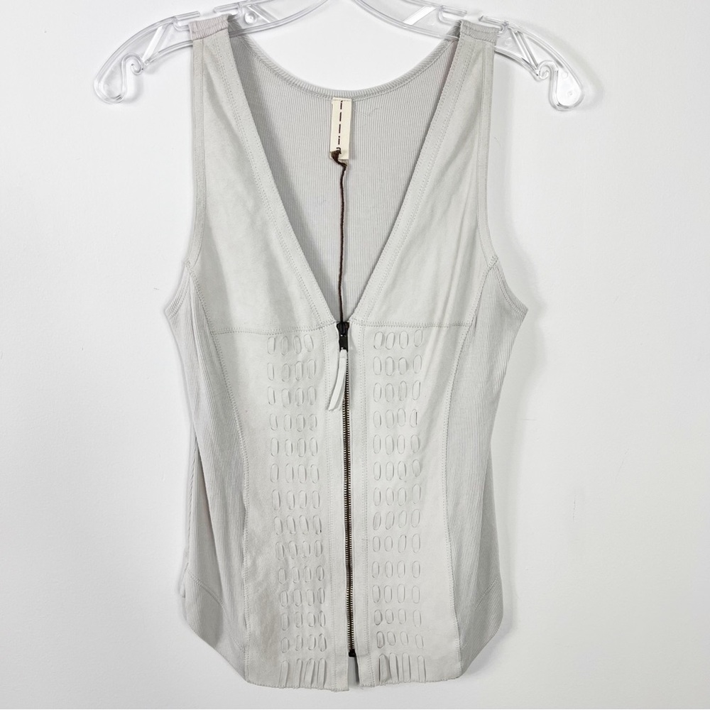 Illia Sleeveless Leather Combo Woven Ribbed Tank Top Size 8 Solid Gray